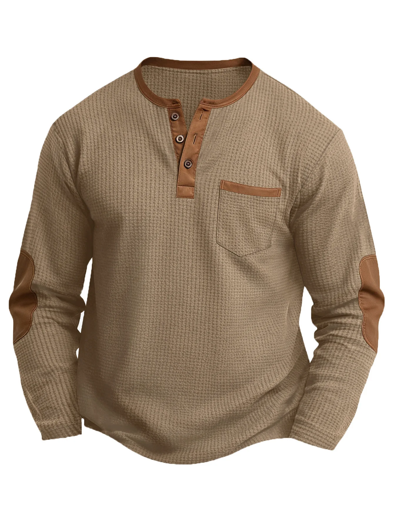 Frühling Herbst Neue Herren Waffel-Knopf Langarm Henley-Ausschnitt T-Shirt Lässiges Einfarbiges Atmungsaktives Vielseitiges Modisches T-Shirt