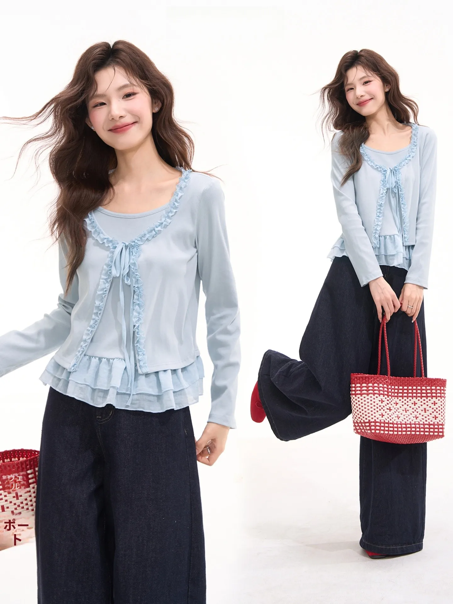 

Korean Style Long Sleeve T-Shirt Women's Cotton Blend Breathable Comfortable Floral Window Heme Osmanthus Clear Tea Top Spring