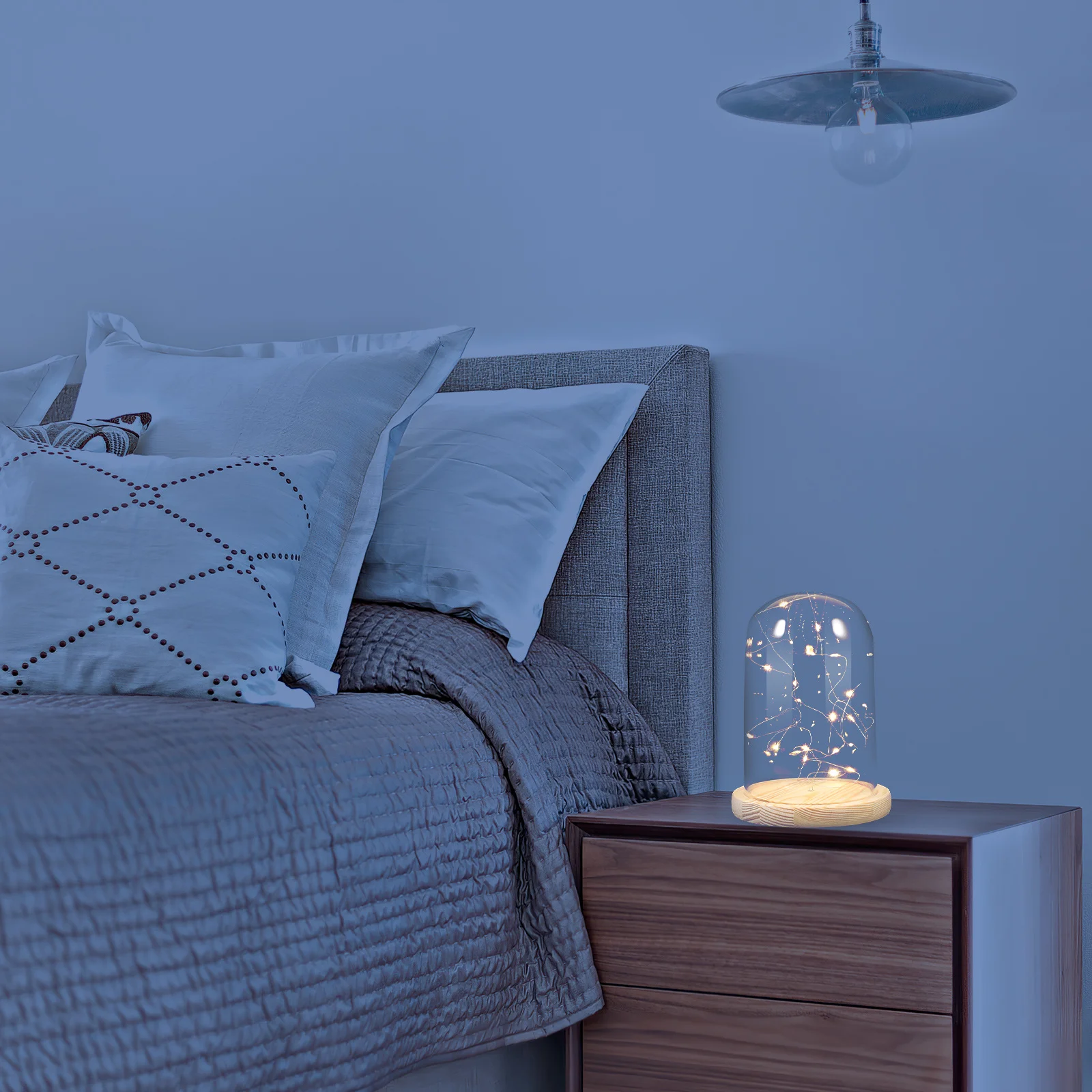 جرس جرة زجاج مصباح على شكل قبة قاعدة خشبية LED USB سلسلة أضواء بيضاء دافئة السرير الجدول مصباح أضواء الجنية في جرة للعيش