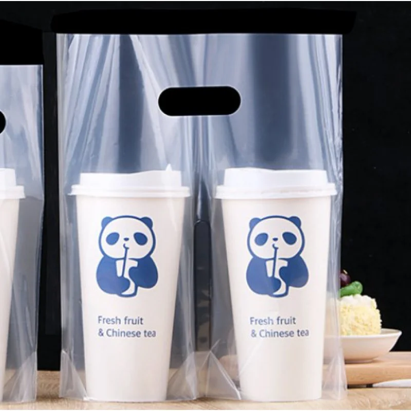 Customized product、Custom Logo Print Take Away Pe Plastic Packaging Bag Coffee Bubble Tea Boba Tea Cup Carry Out Bag