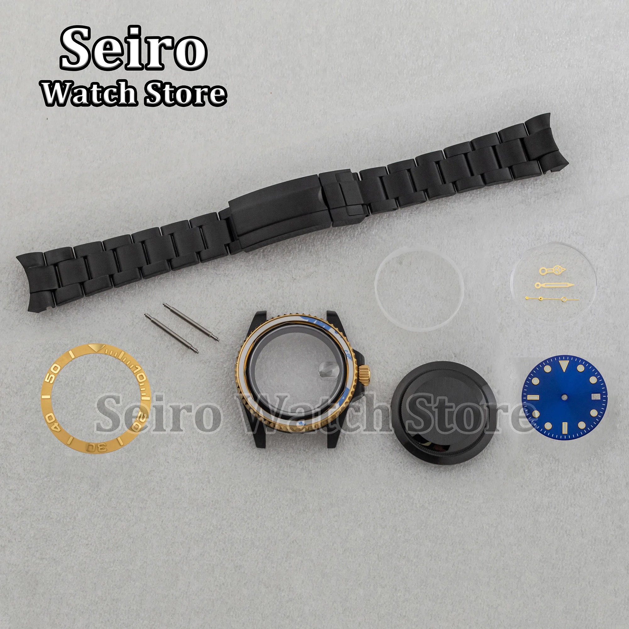 

40MM Stainless Steel PVD Black Gold Watch Case Blue Dial Luminous Hands Oyster Strap for SUB GMT Yacht NH35 NH34 NH36 Movement