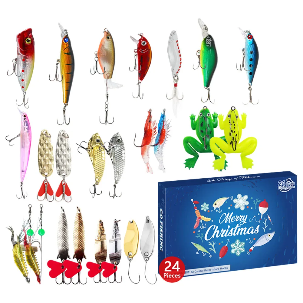 24 Pcs Fishing Tackle Set Fish Bait Set 8 Hard & 6 Soft & 10 Spoon Baits Christmas Gifts 24 Delightful Hooks Lures Floats