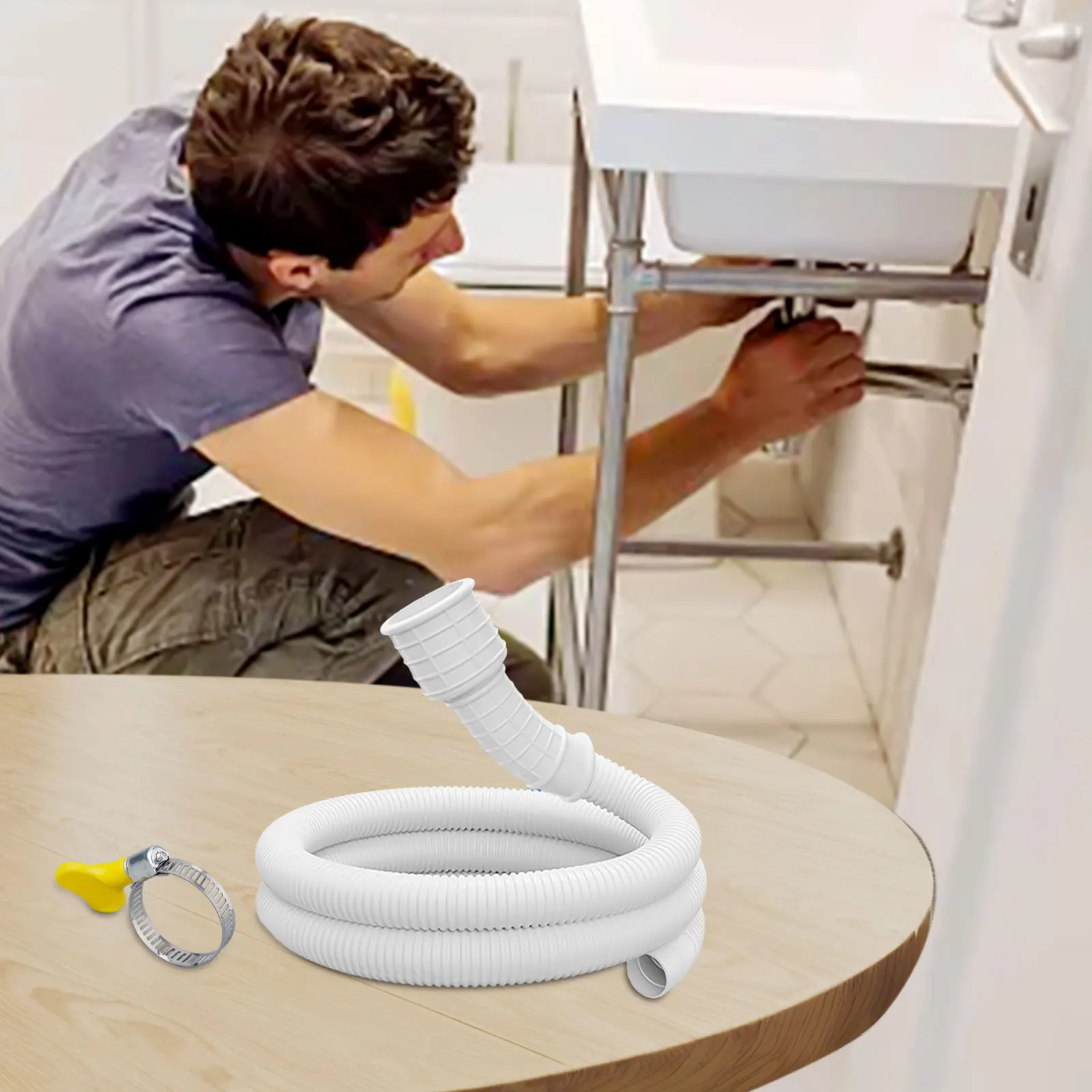 1 Pcs Plastic Drainage Hose For Washing Machine And Air Conditioner, Flexible Water Pipe Extension With Clamp