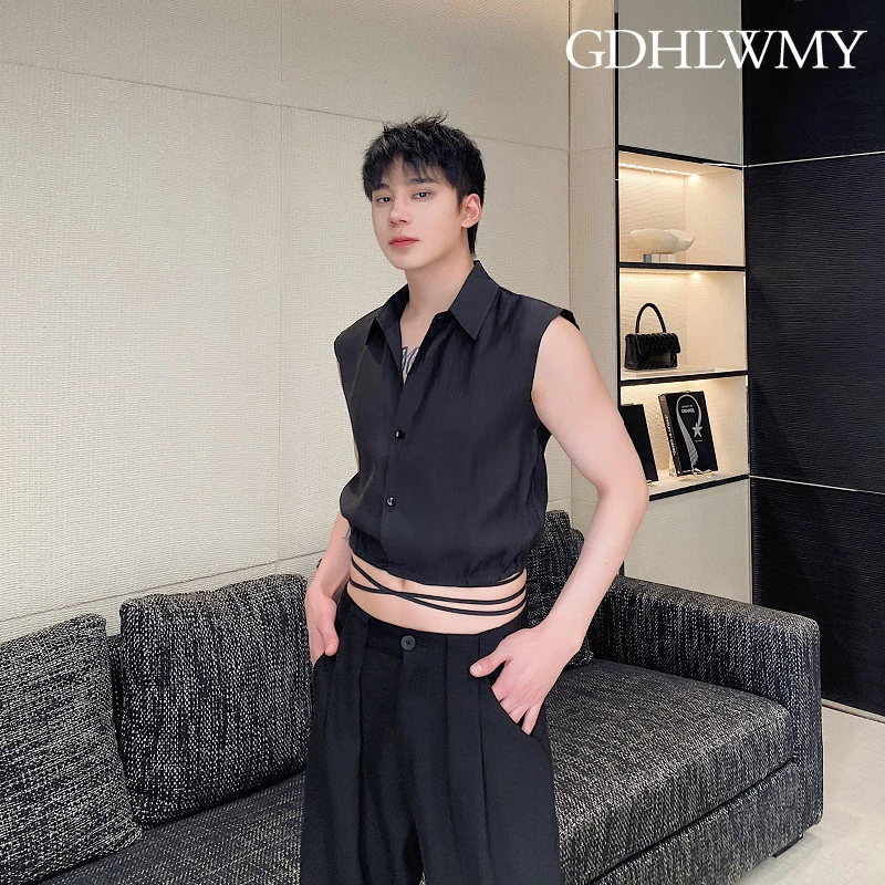 GDHLWMY Summer personalized short lace up lapel sleeveless camisole shirt, trendy and handsome stage shirt