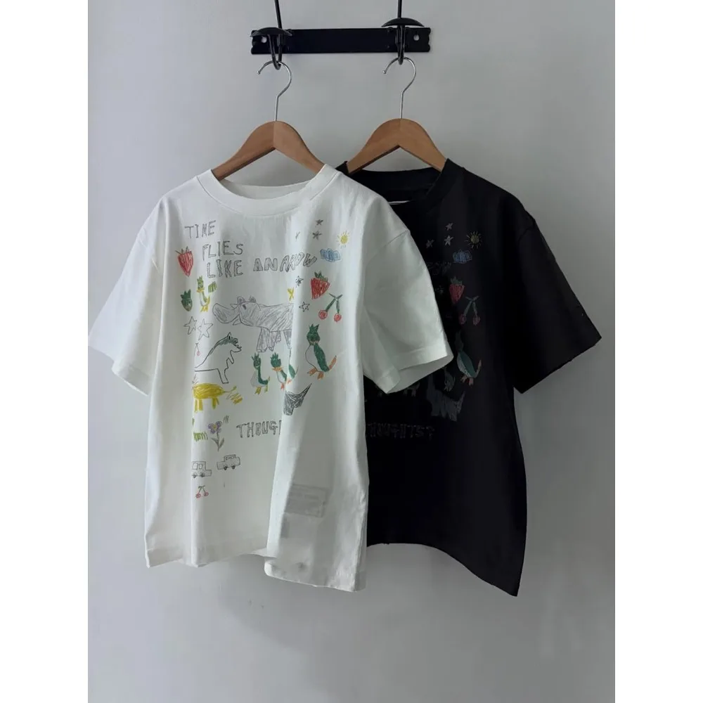 26SS Cartoon Graffiti Printed Short Sleeved Men's and Women's Loose Round Neck Niche Design Top T-shirt — купить у AliExpress WW