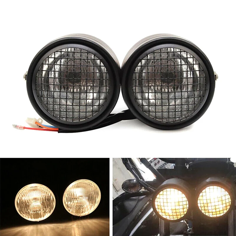 

Motorcycle Dominator Mesh Grill Dual Headlight Double Twins Black Metal Headlamp For Cafe Racer Chopper Bobber