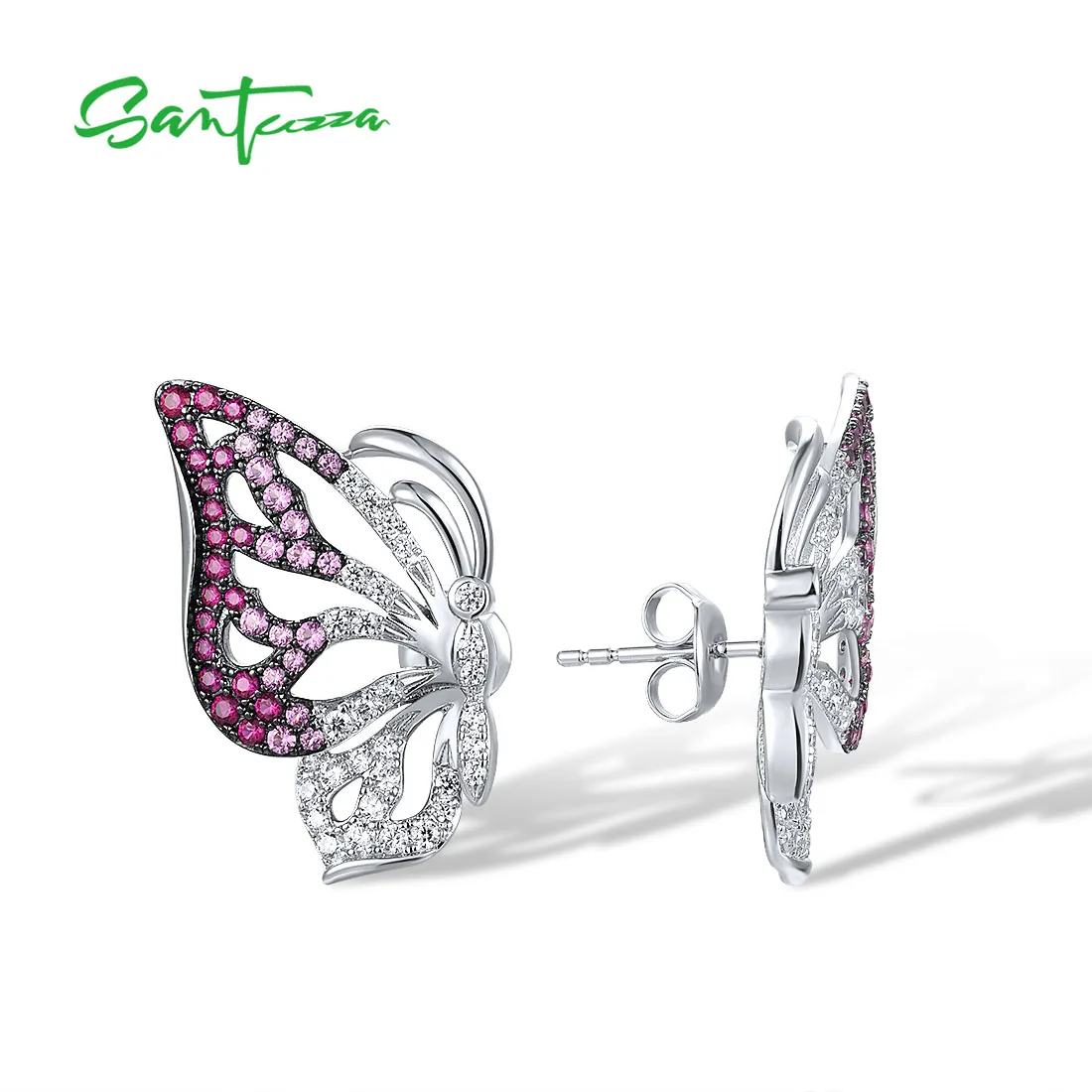SANTUZZA Real 925 Sterling Silver Stud Earrings For Women Sparkling White CZ Pink And Red Butterfly Elegant Cute Fine Jewelry