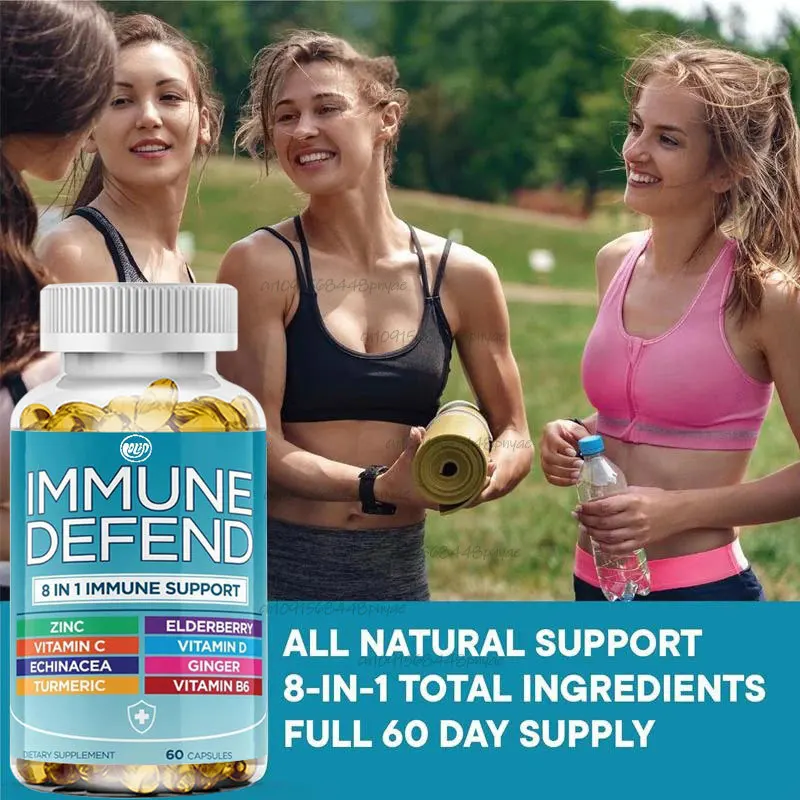 8-in-1 immune defense support containing 50 milligrams of zinc, vitamin C D3, elderberry, curcumin and ginger, and echinacea