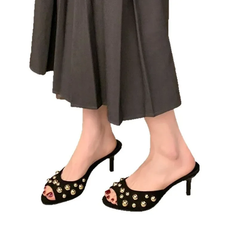Studded Peep Toe Mules Stiletto Slip On Gold Rivets Decor Classic Sexy Women Summer Sandals Dress Party Daily Casual Single Shoe