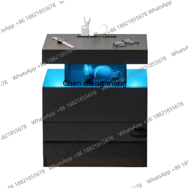 LED Nightstand Wireless Charging Station USB Ports High Gloss LED Light RGB Adjustable Brightness Smart 2 Drawers Bedroom Black