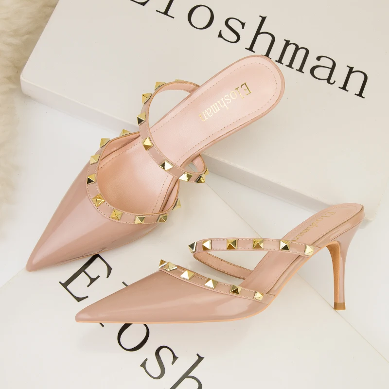 Women Summer High Heels Mules Slippers Ladies Pointed To Sexy Rivets Outside Shoes Woman Fashion Sandals Zapatos Mujer
