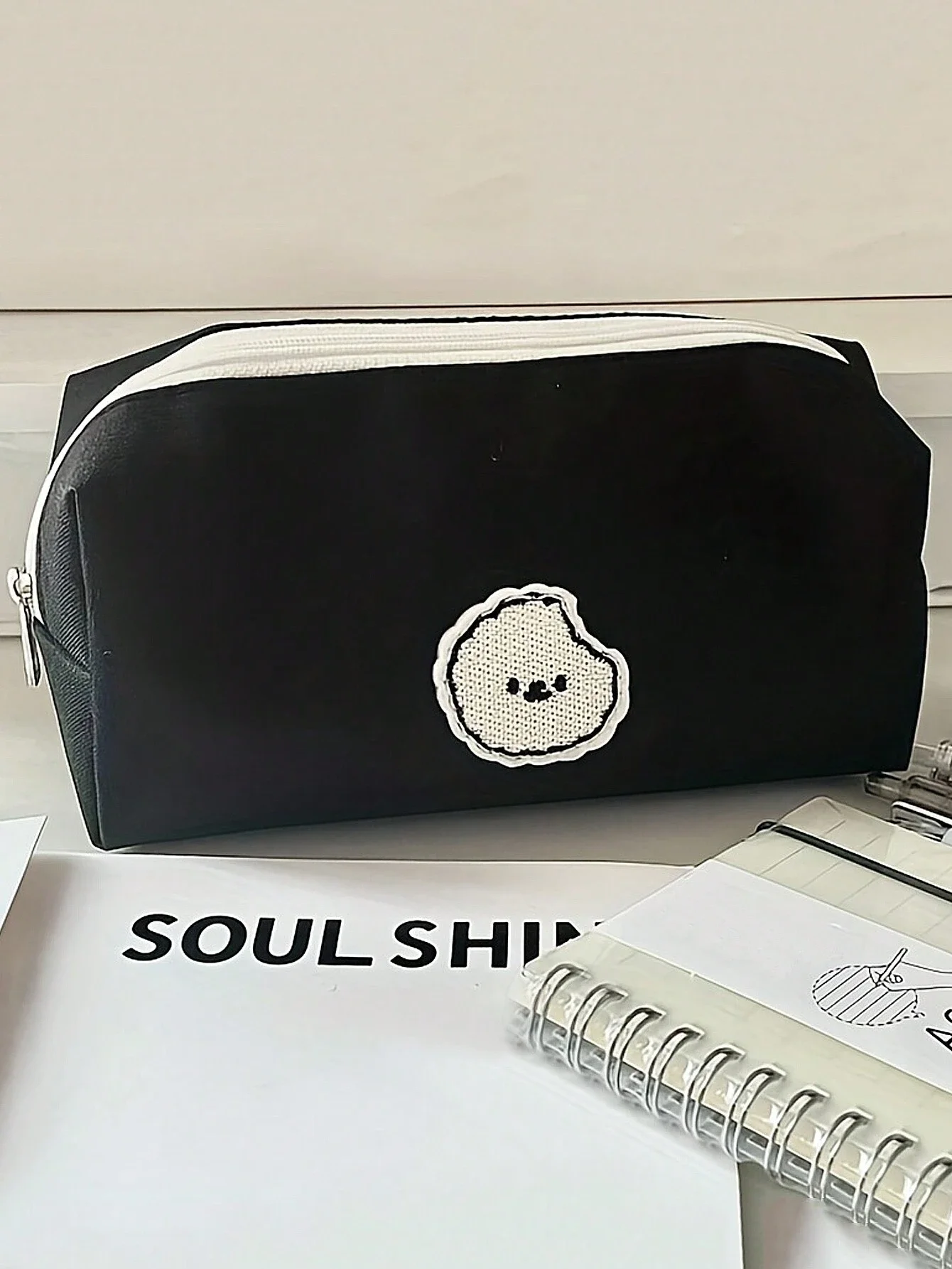 

1pc Simple Style Pencil Case Canvas Black Color Smooth Zipper Stationery Pen Bag