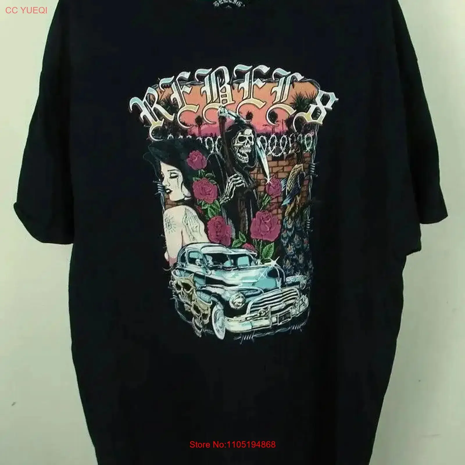 Vintage Rebel 8 Latin Low Rider Grim Reaper Latina Black T Shirt Size XXL vintage Washed Top For Everyday Wear Unisex Slightly