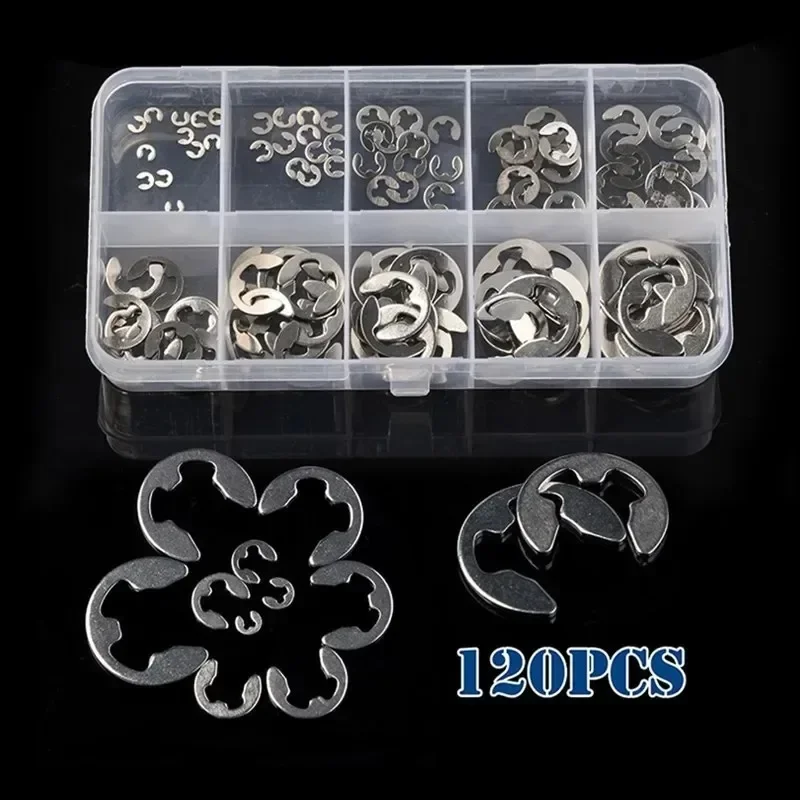 120pcs 1.5/2/3/4/5/6/7/8/9/10mm Stainless Steel E-clips Ring Snap Retaining Circlip Kit E Type Clip Washers Assortment Kit