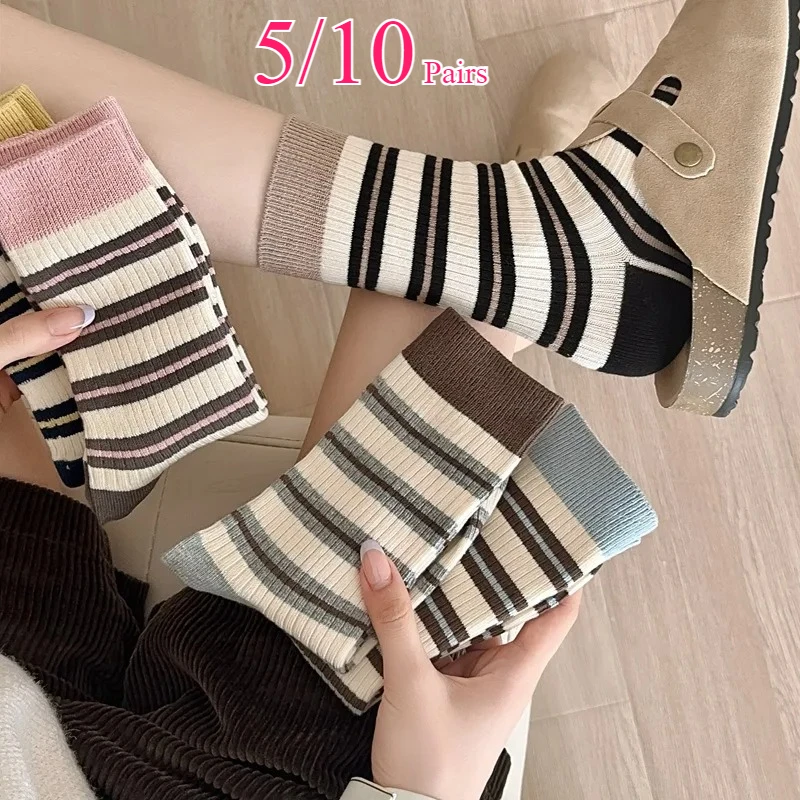 

5/10 пар весенне-осенних цветных полосатых женских носков средней длины, корейская версия, дизайн, мягкие удобные модные повседневные носки