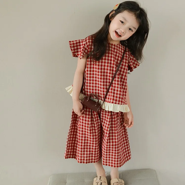 

Girls Suits Small Flying Sleeve Plaid Set 2023 Summer New Female Treasure Personality Style Summer Dress Two-piece Set