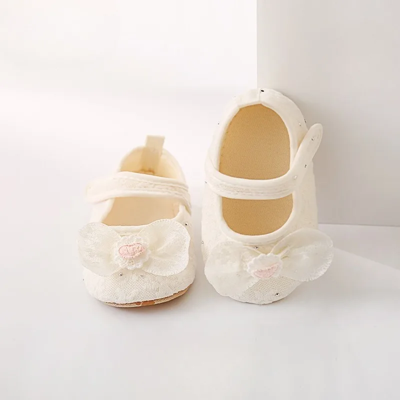 Cotton Baby Girls Lace Bow Shoes 0-1 Year Toddler Anti Slip Soft Sole Walking Shoes Indoor Use Summer High Quality First Walkers