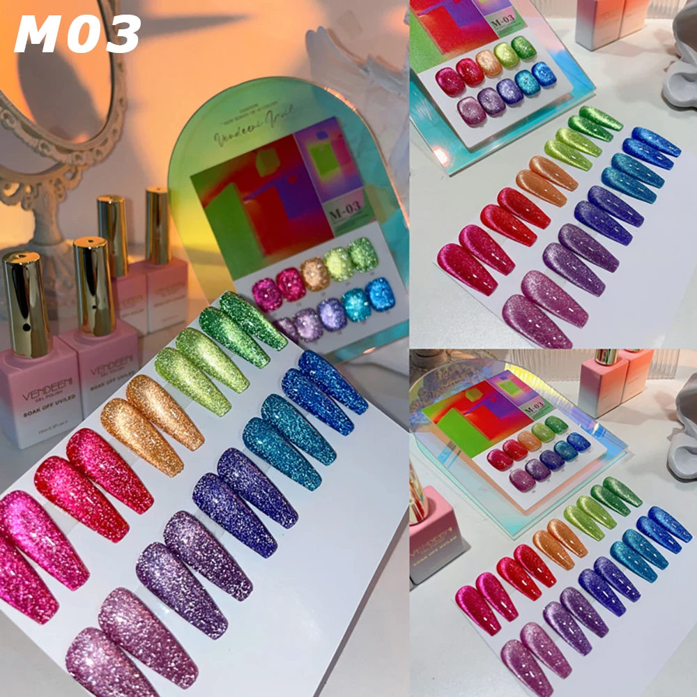 Vendeeni 10-Farben Glitzer-Brokkoli-Katzenaugen-Gel-Nagellack-Set, Glänzender Magnetischer UV-Soak-Off-Katzenaugen-Gel-Lack mit Display – Detail 7