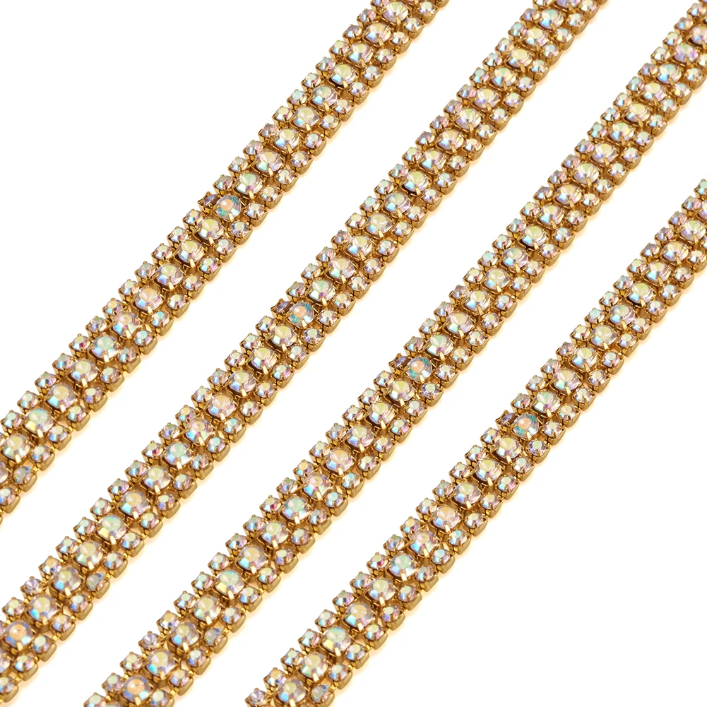 Alloy Rhinestone Strass Chains Three Rows Rhinestone Cup Chains For Clothing Wedding Dress Decorative Trimmings DIY Craft Sewing