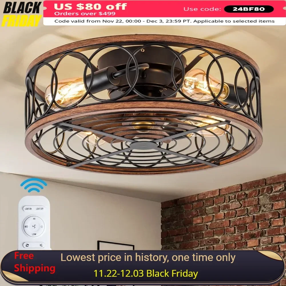 Ceiling Fans with Lights Remote, Profile Caged Lighting with Bladeless Fan, Farmhouse and Flush Mount, 5 Bulbs, Ceiling Fans