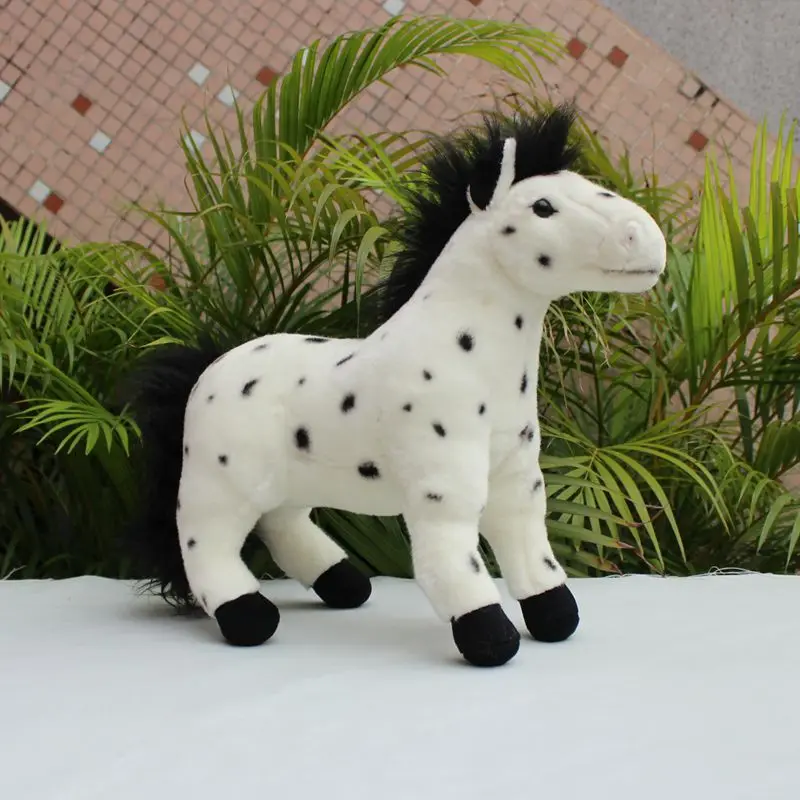 リアルな白いappaloosaソフトぬいぐるみ、馬のドット、黒い馬の毛、エミュレーション野生動物、男の子と女の子のためのぬいぐるみ、誕生日プレゼント