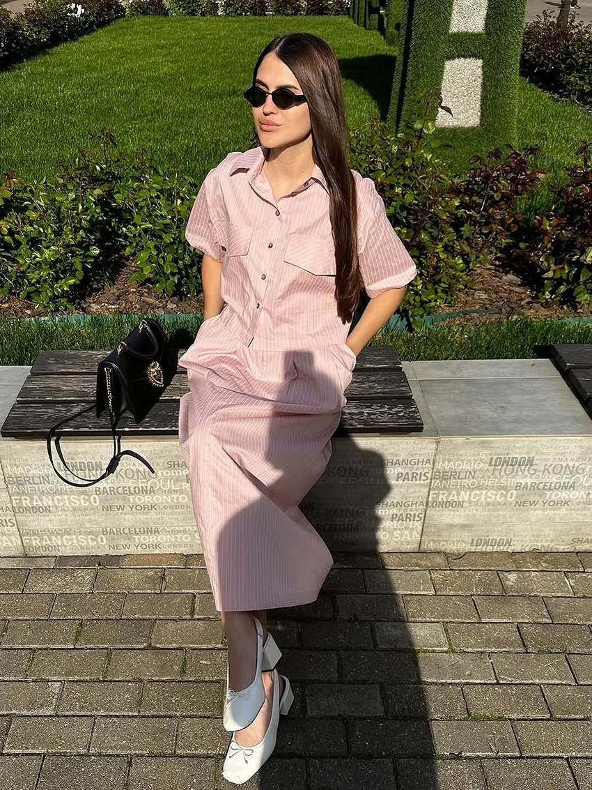 Marthaqiqi Striped Ladies Pajamas Set Short Sleeve Nightgowns Turn-Down Collar Nightwear Long Skirts Loose Female Sleepwear Suit