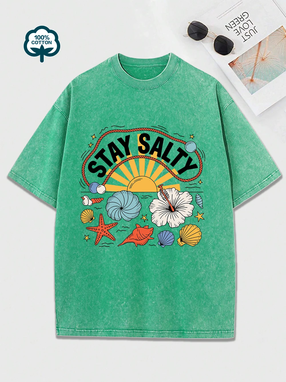 

Летняя пляжная футболка с принтами Stay Salty, женские хлопковые топы большого размера, удобные потертые футболки с круглым вырезом, повседневная одежда