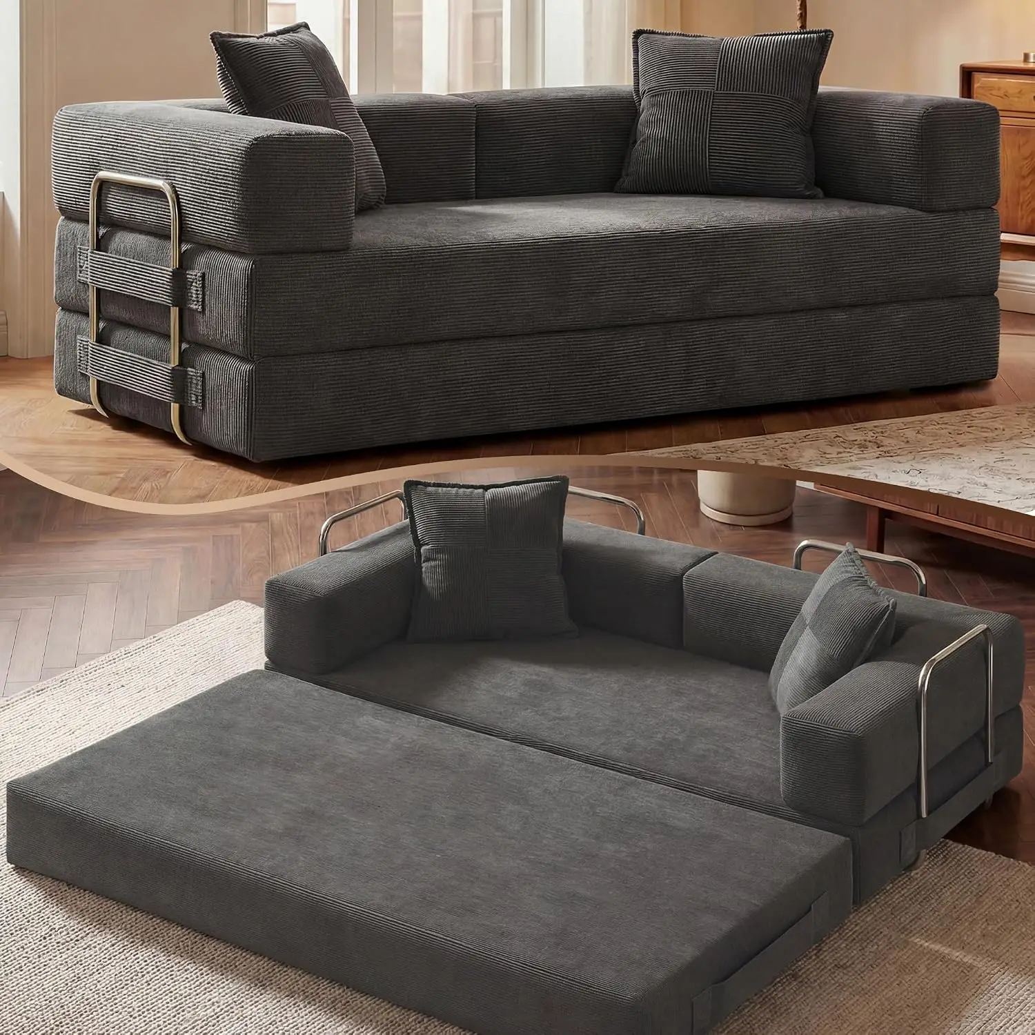 5-in-1 Convertible Futon Sofa Bed, 78-Inch, Gray Boneless Corduroy