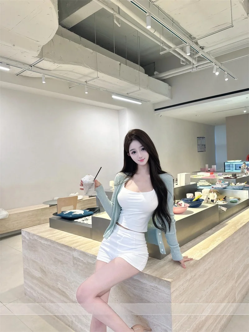 Korean Sweet Spicy Mint Color Knitted Open Cardigan Women Gentle Aosphere Basic Slim Long Sve Cover up Top