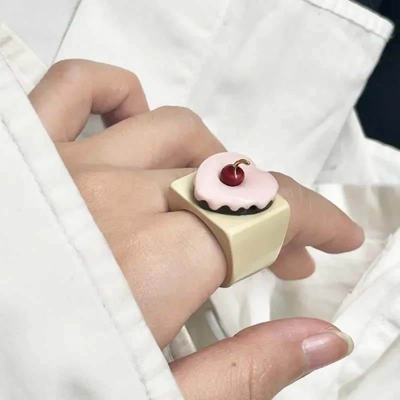 Sweet Delicate Cute Cherry Cream Cake Food and Play Fashion Ring Women's Girl Heart Accessory Size 6.5-7.5