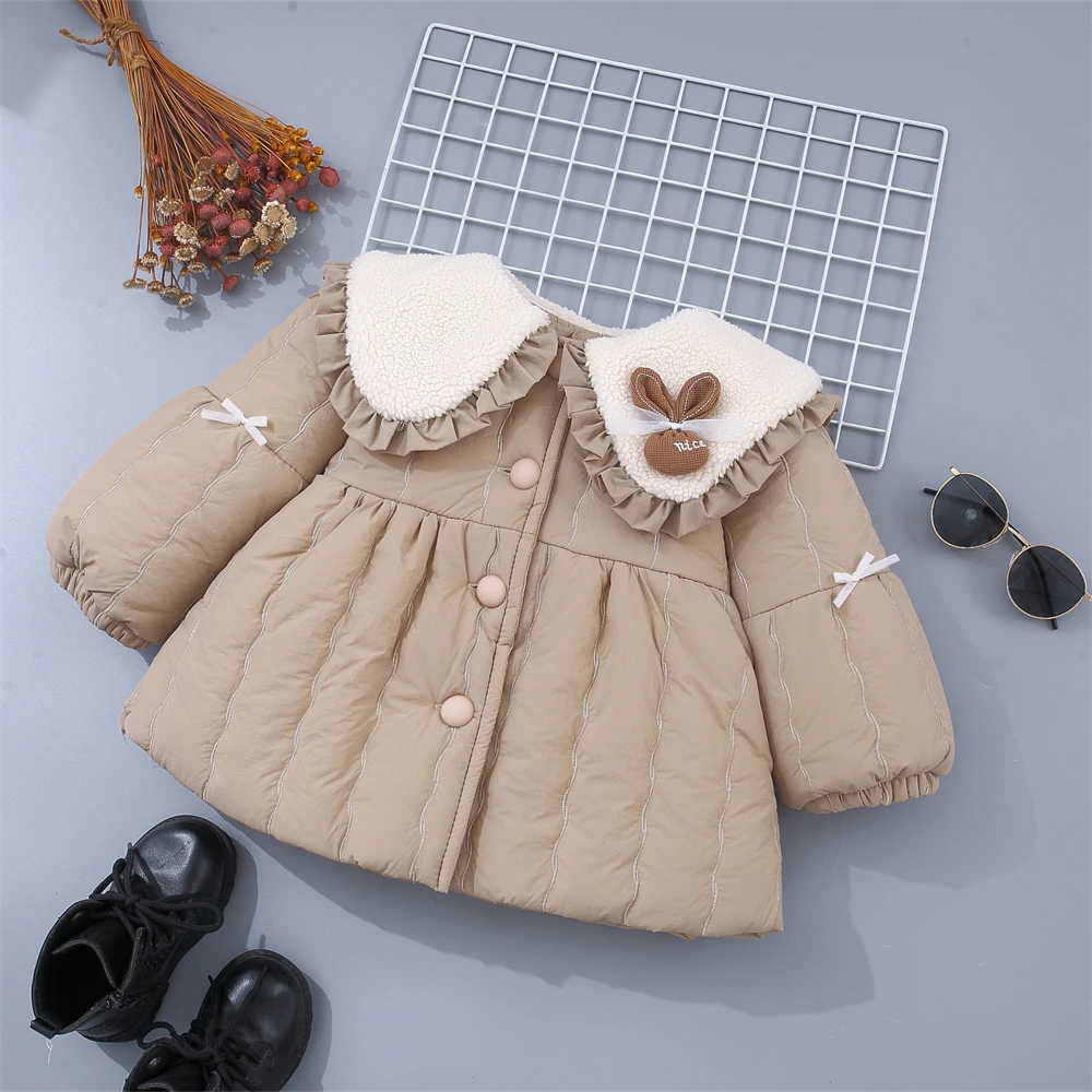 Cute Baby Girl Cotton Coat With Winter Lace Granular Velvet Big Collar Solid Color Single Breasted Cotton Jacket