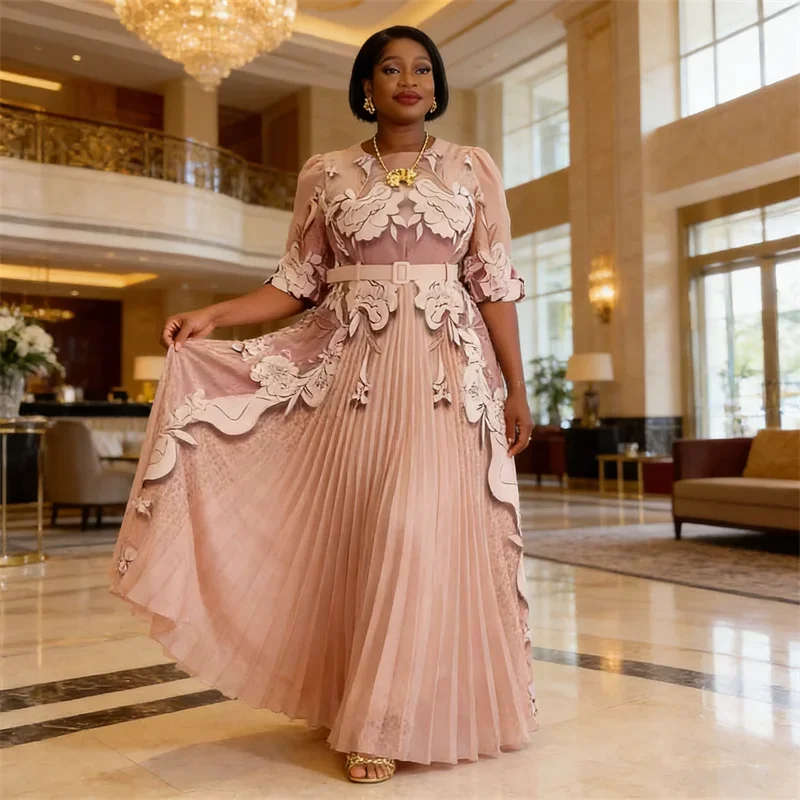 African Chiffon Dresses for Women Elegant Print Pleated Ankara Dashiki Turkey Muslim Wedding Evening Party Dress Gown Outfits
