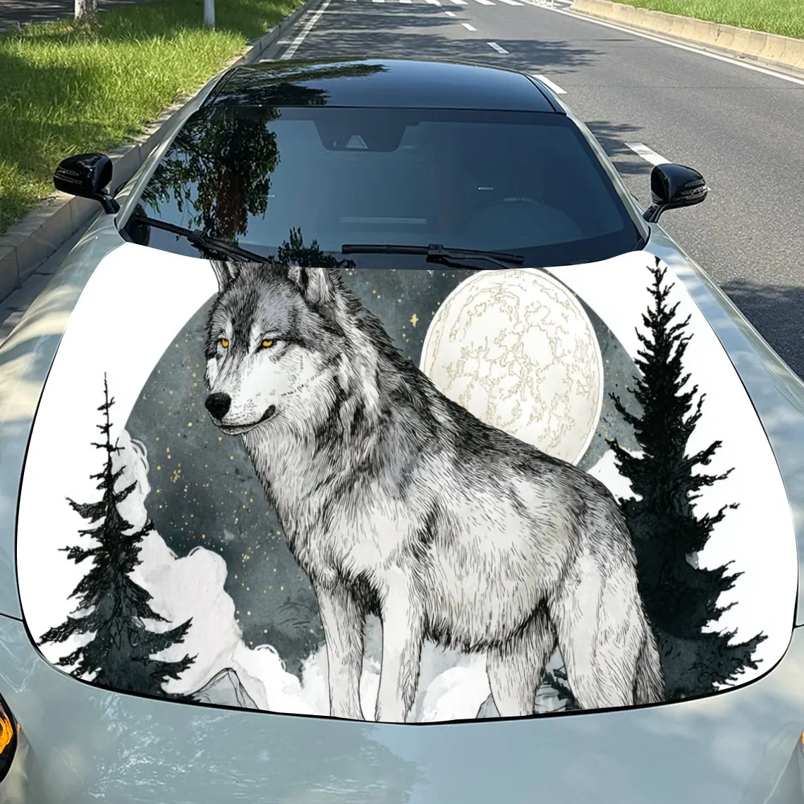 

Dynamic Moon Wolf PVC Car Engine Hood Vinyl Wraps, Self-Adhesive Waterproof Car Hood Decal Sticker, Car Decoration Protection St
