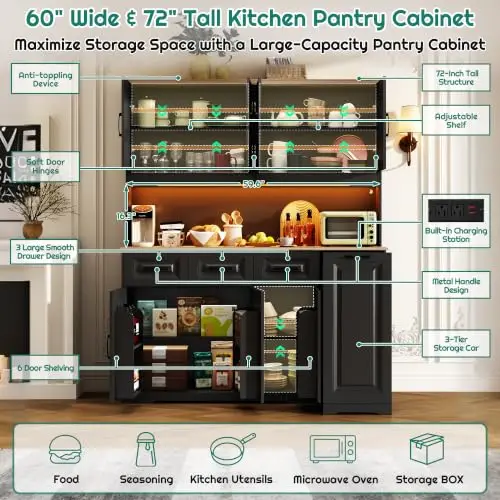 72" Tall 60" Wide Extra Large Pantry Storage Cabinet w/Power Outlet,LED Light,Farmhouse Kitchen Hutch Food Pantry image 4