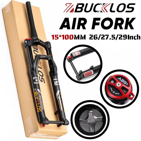 BUCKLOS Mountain Bike Air Fork 15*100mm Thru Axle MTB Air Fork 26 27.5 29Inch Air Suspension Fork 1-1/8'' Straight/Tapered Tube