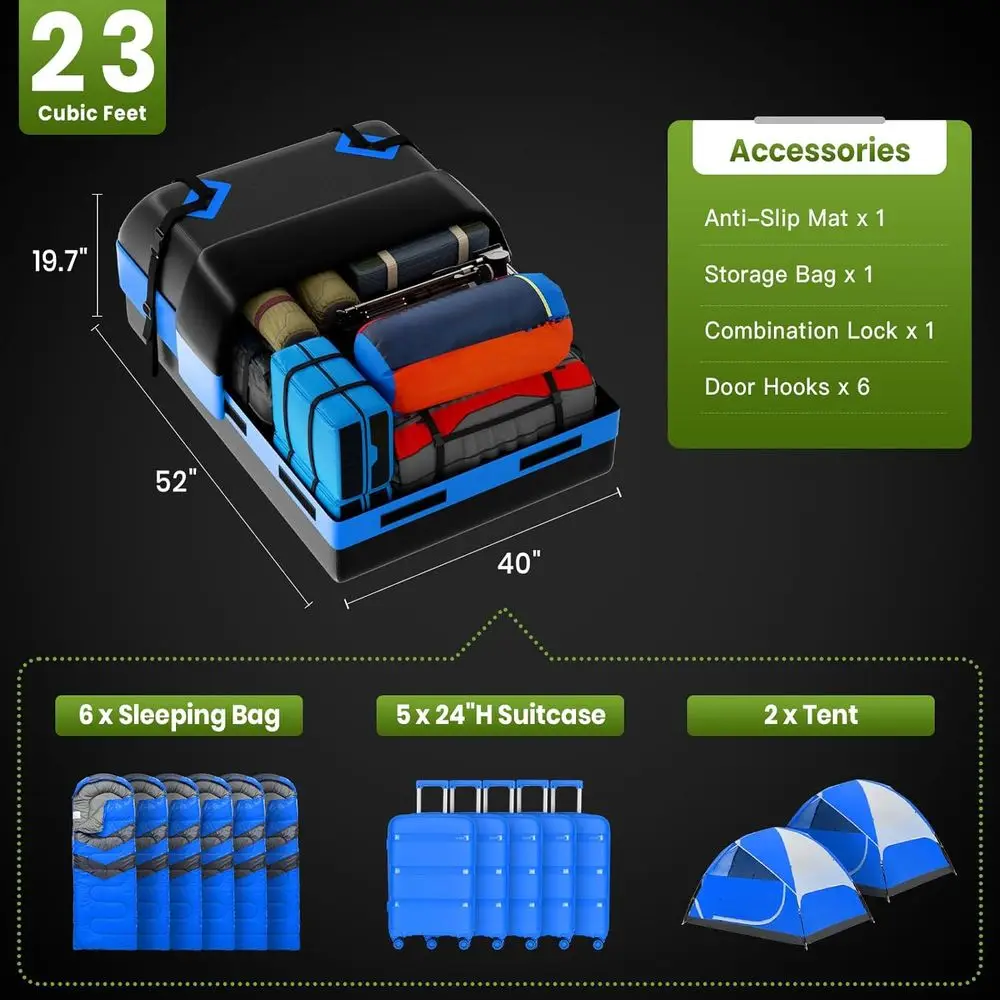 Portaequipajes en el techo suave de 23 pies cúbicos para automóviles con o sin estantes: impermeable, con cerradura, antideslizante, con almacenamiento y hacer