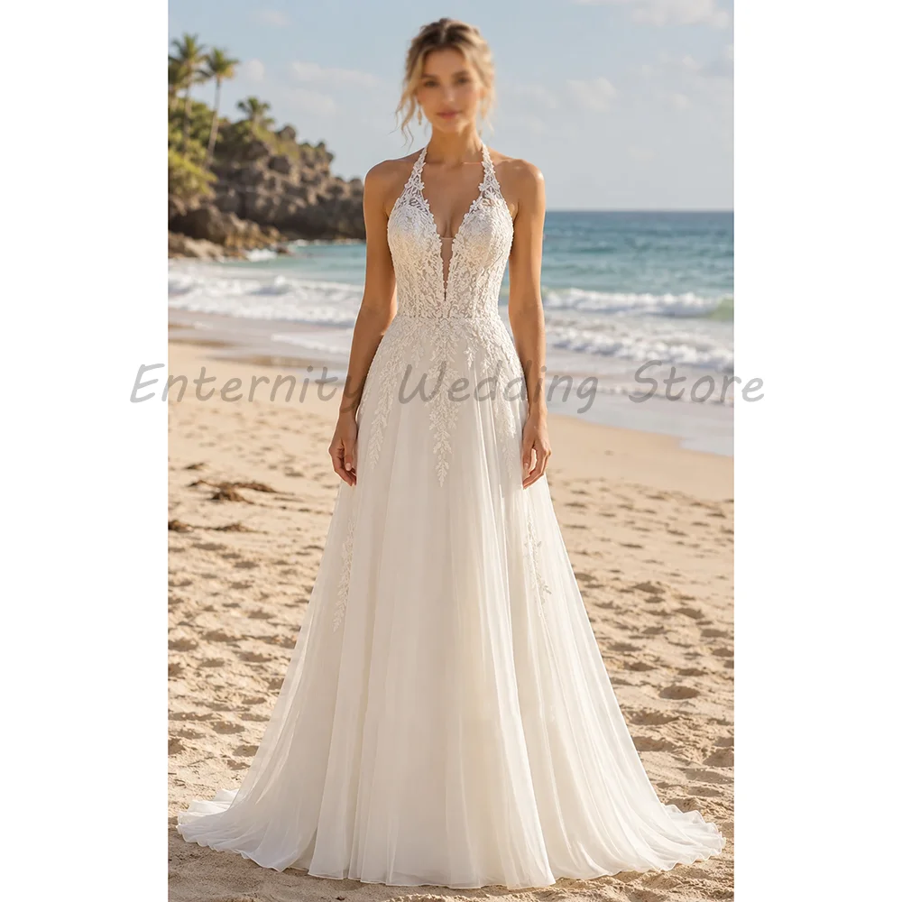 Ivory Halter Neck Wedding Dress Deep V Lace Appliques Chiffon A‑Line Chapel Train Beach Destination Bridal Gown