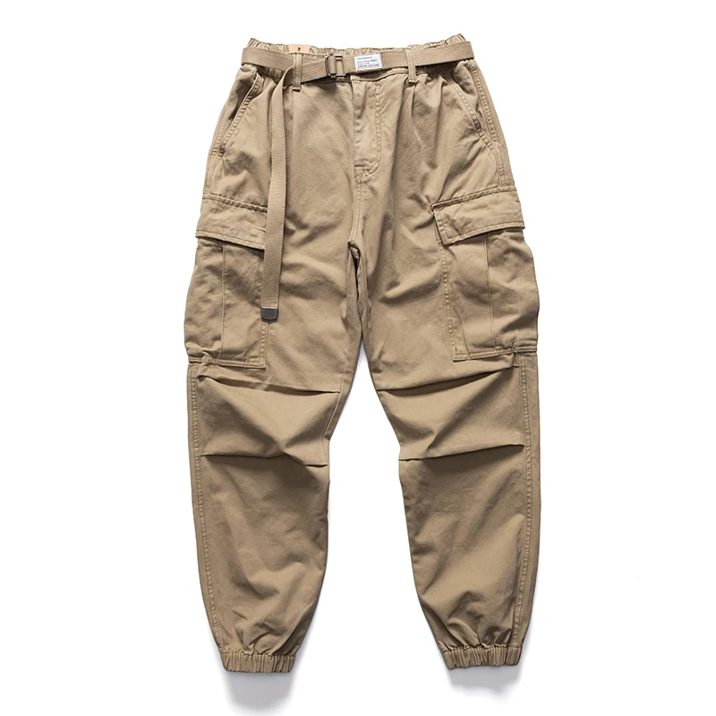 Autumn Heavyweight 100% Cotton Jogger Overalls American Retro Washed Khaki Casual Workwear Pants Trendy Elastic Waist Trousers