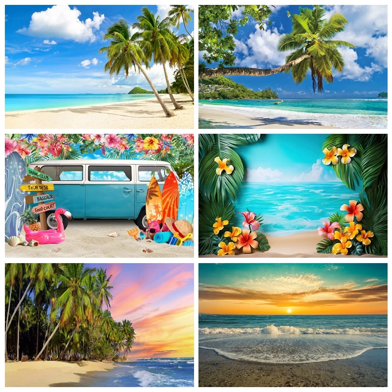 Summer Tropical Beach Photography Backdrop Hawaiian Surfboard Ocean Palm Flamingo Seaside Camping Party Photo Background Props