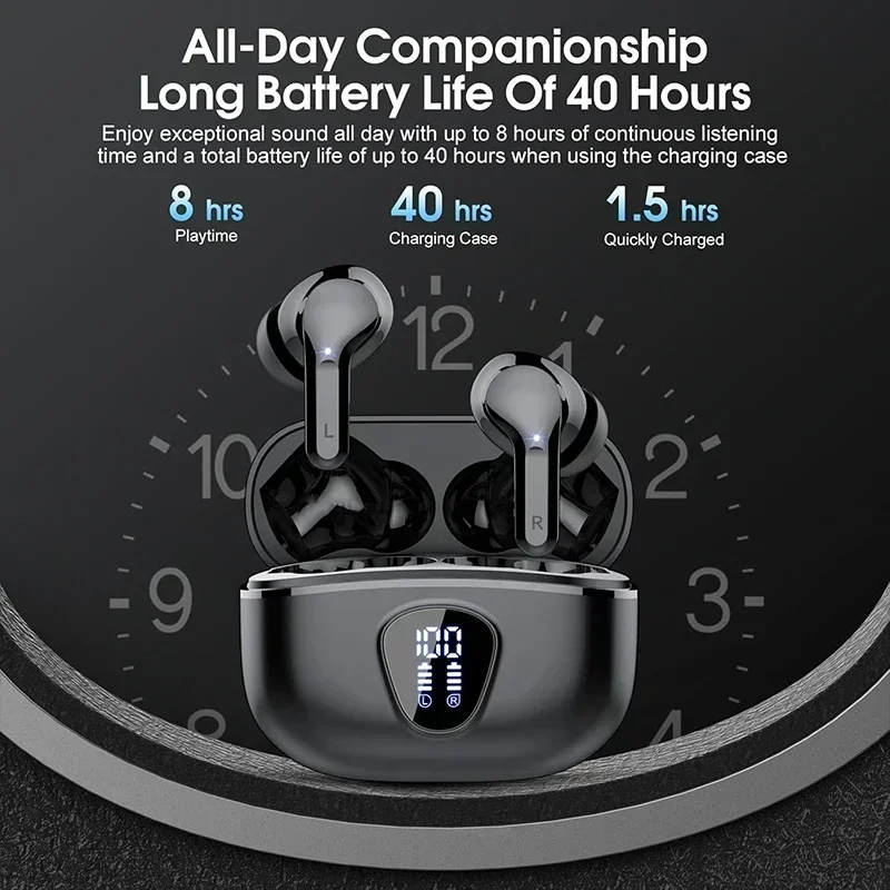 UYUXIO Wireless Earphone HiFi Stereo Earbuds with LED Display 48H Play Time ENC Noise Cancelling Ear Buds Waterproof Headphones