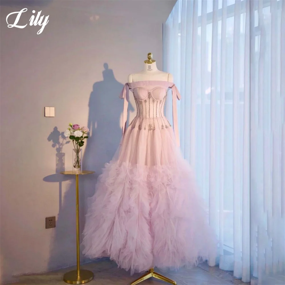 

Lily Pink Formal Gown Off the Shoulder Prom Dress with Bow and Crystal Evening Dress A Line Tulle Train Modern Style Customized