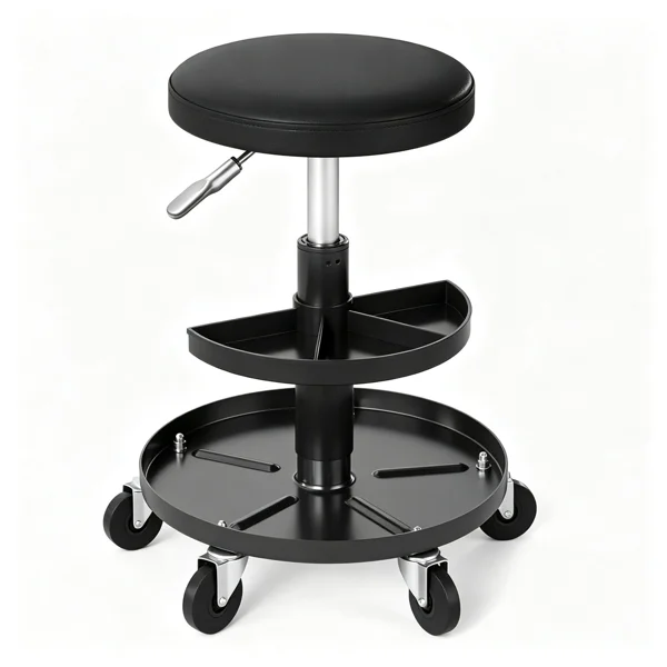 Rolling Mechanic Stool with Wheels, Pneumatic Height Adjustable Garage Shop Seat, Black PU Leather Workshop Creeper Chair with 2-Tier Tool Storage Trays, 5 Casters, 265 lbs Capacity for Auto Repair