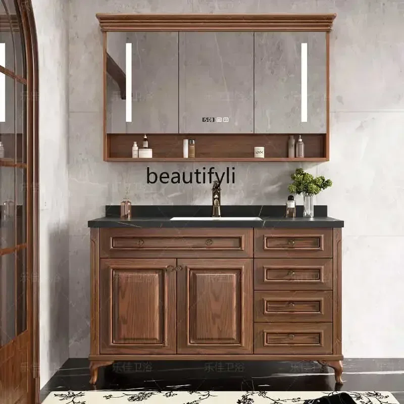 

ls 42New Arrivals American Bathroom Cabinet Stone Plate Antique Solid Wood Bathroom Cabinet Washstand Smart Mirror Wash Ba