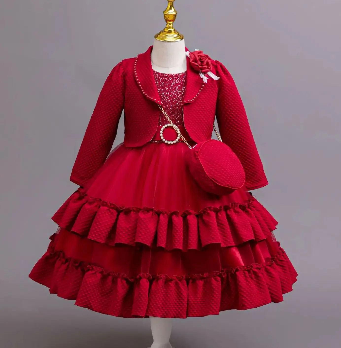 

New Girls' Ceremonial Princes Dresses for Girl Party Dress 3 PCS Set Long Sleeve Kids' Clothes with Elegant Bag 3 to 8 Years