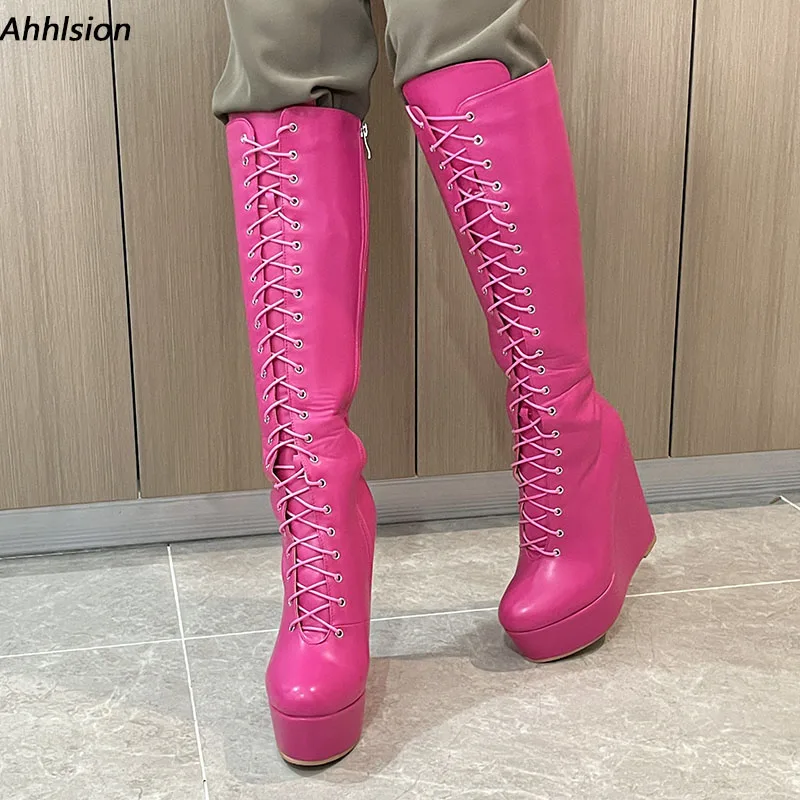 

Ahhlsion/женские зимние сапоги до колена, жесткие матовые туфли на танкетке с круглым носком, обувь для косплея цвета фуксии, женская обувь из США, большие размеры 5-20