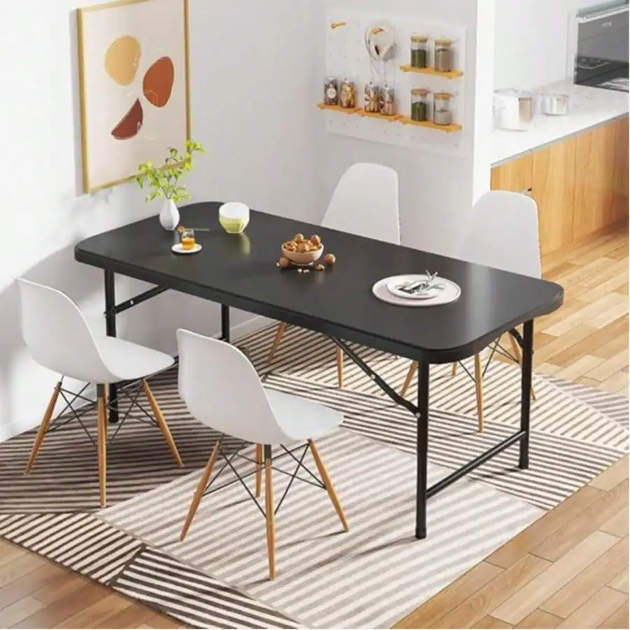 Folding Table 4 Foot,Portable Plastic Fold-In-Half Heavy Duty Picnic Foldable Table,Indoor Outdoor Adjustable Height Black Folding Table With Carrying Handle For Camping,Party,Dining