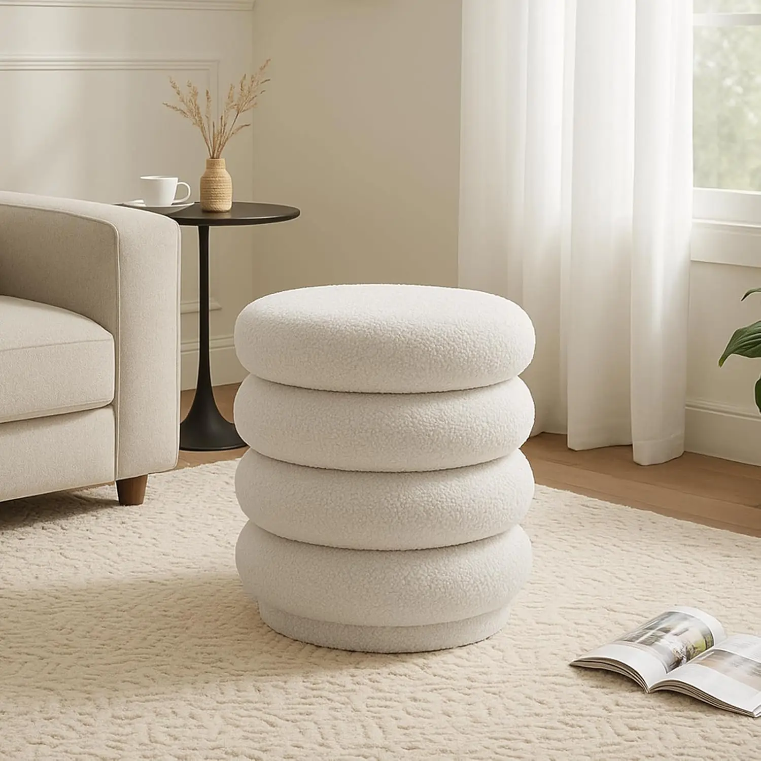 17.5 ''جولة العثمانية القدم البراز تخزين النسيج مسند القدمين الغرور البراز كرسي ، شيربا الحديثة مقعد مبطن منجد مع غطاء