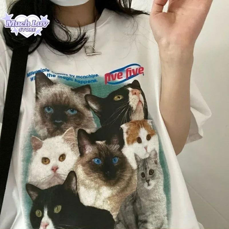 Invincible and Cute Cat Print T-shirted for Men and Women Summer Fashion Trend Casual Comfy Pure Cotton Couple Short Sleeve Top