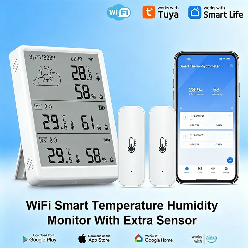 Tuya WiFi Weather Station Digital Thermometer Room Hygrometer RF433 Indoor Outdoor Humidity Temperature Sensors Table Wall Clock