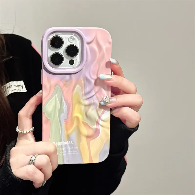 Cute Colour Oil Paint Pattern Phone Case For iPhone 15 14 13 12 Pro Max 11 Girl Women Funda Comfort Silicone Protective Cover